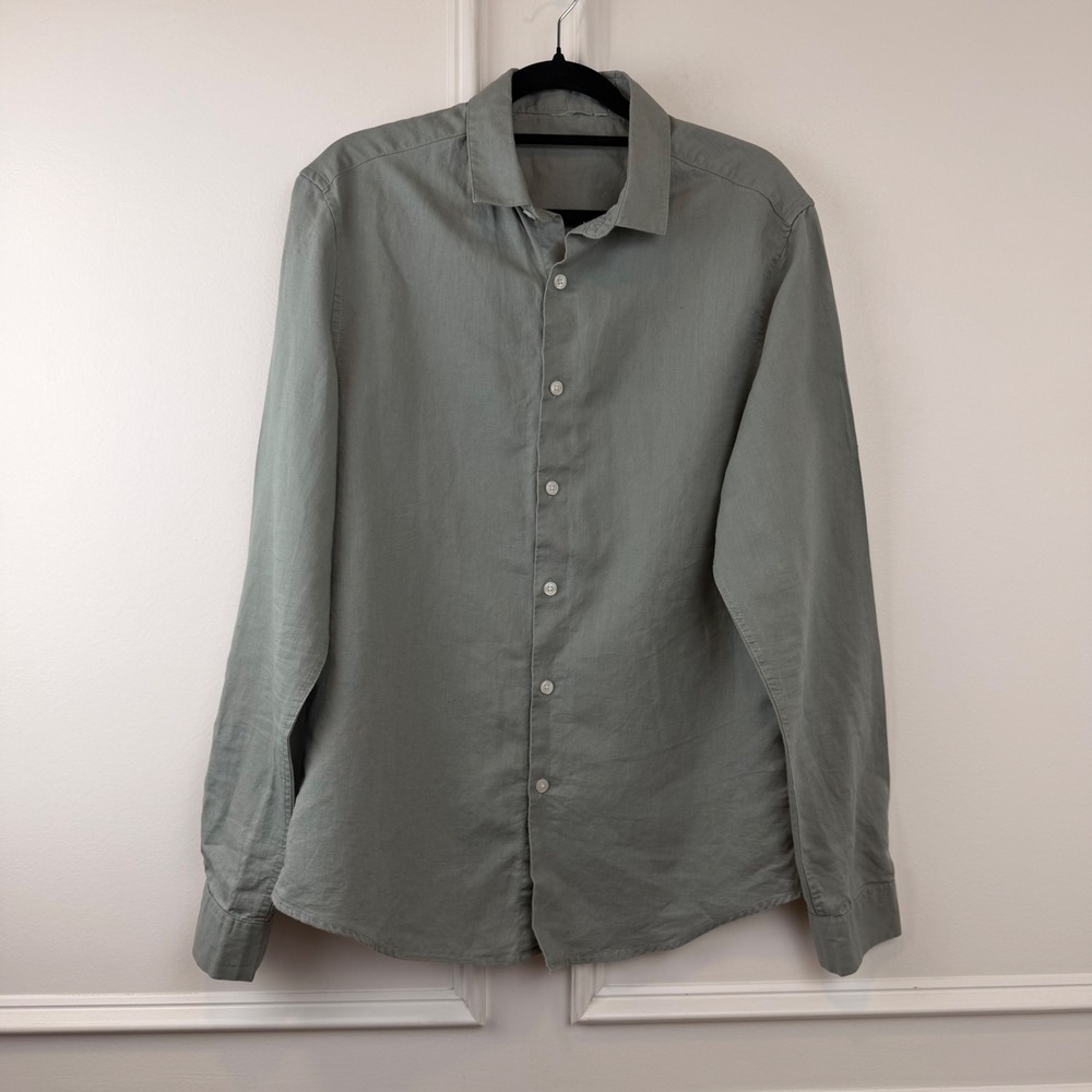 ASOS DESIGN Mens Sage Green Linen Cotton Blend Long Sleeve Button Down Shirt M